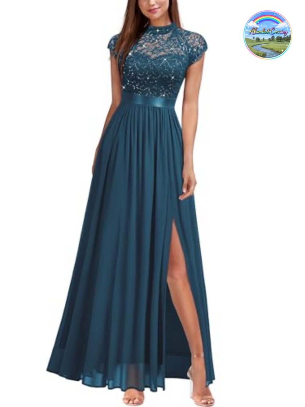 Elegant Sequin Lace Contrast Chiffon Split Style Evening Party Maxi Dress